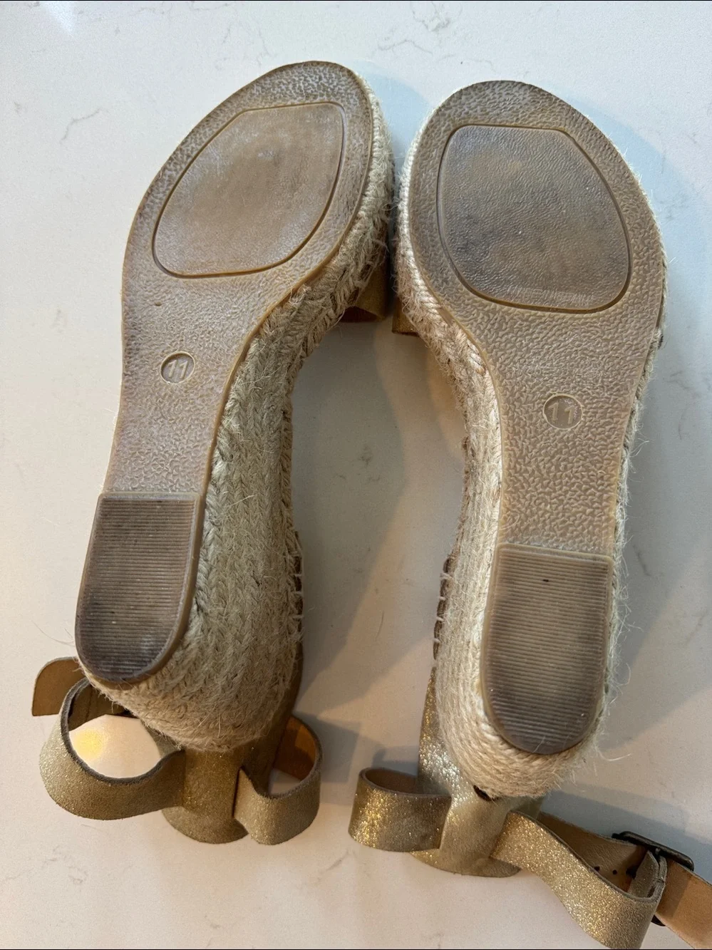J Crew Gold Sparkle Espadrille Wedge Sandals with Ankle Buckle Strap Sz: 11
